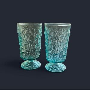 Set of 2 MCM Anchor Hocking Milano Aqua Blue Footed Crinkle Large Tumblers